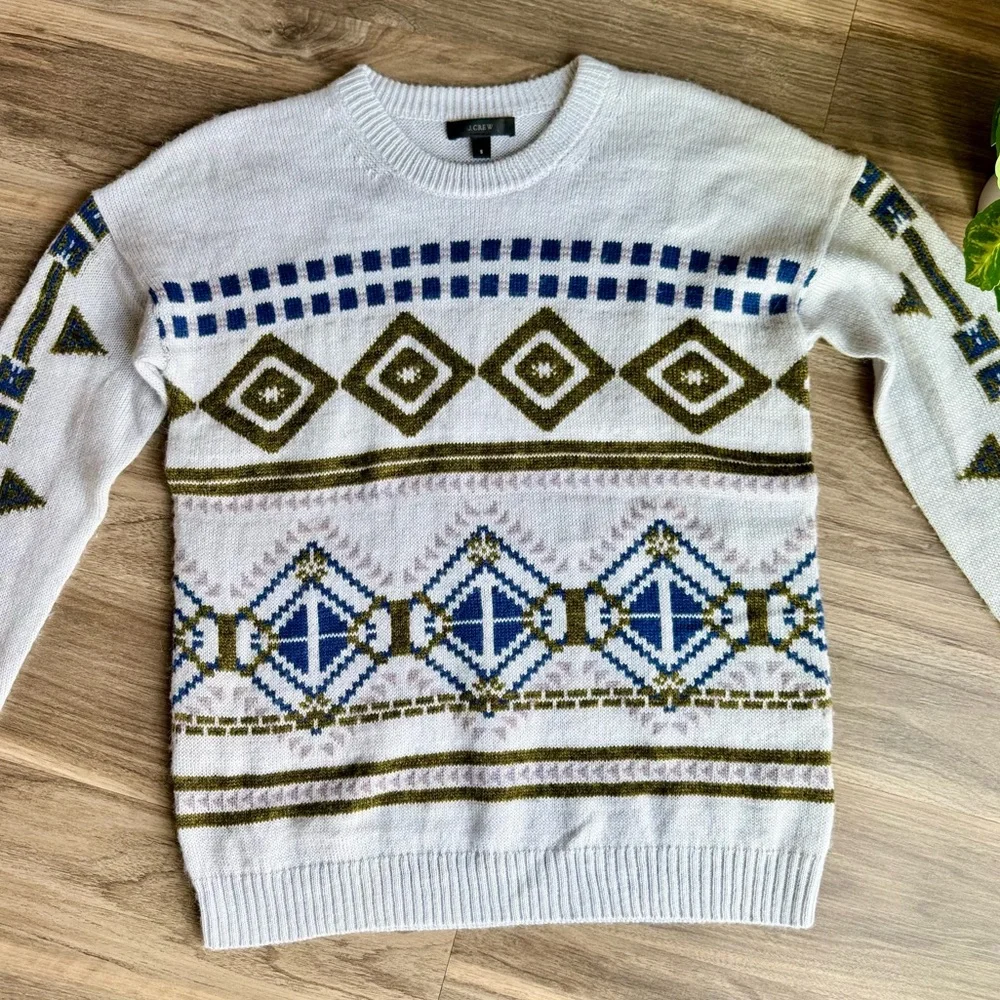 J.Crew Fair Isle Abstract Geometric Knit Sweater Gray Blue Olive‎ – Size Small